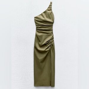 Zara Olive One-Shoulder Ruched Midi Dress